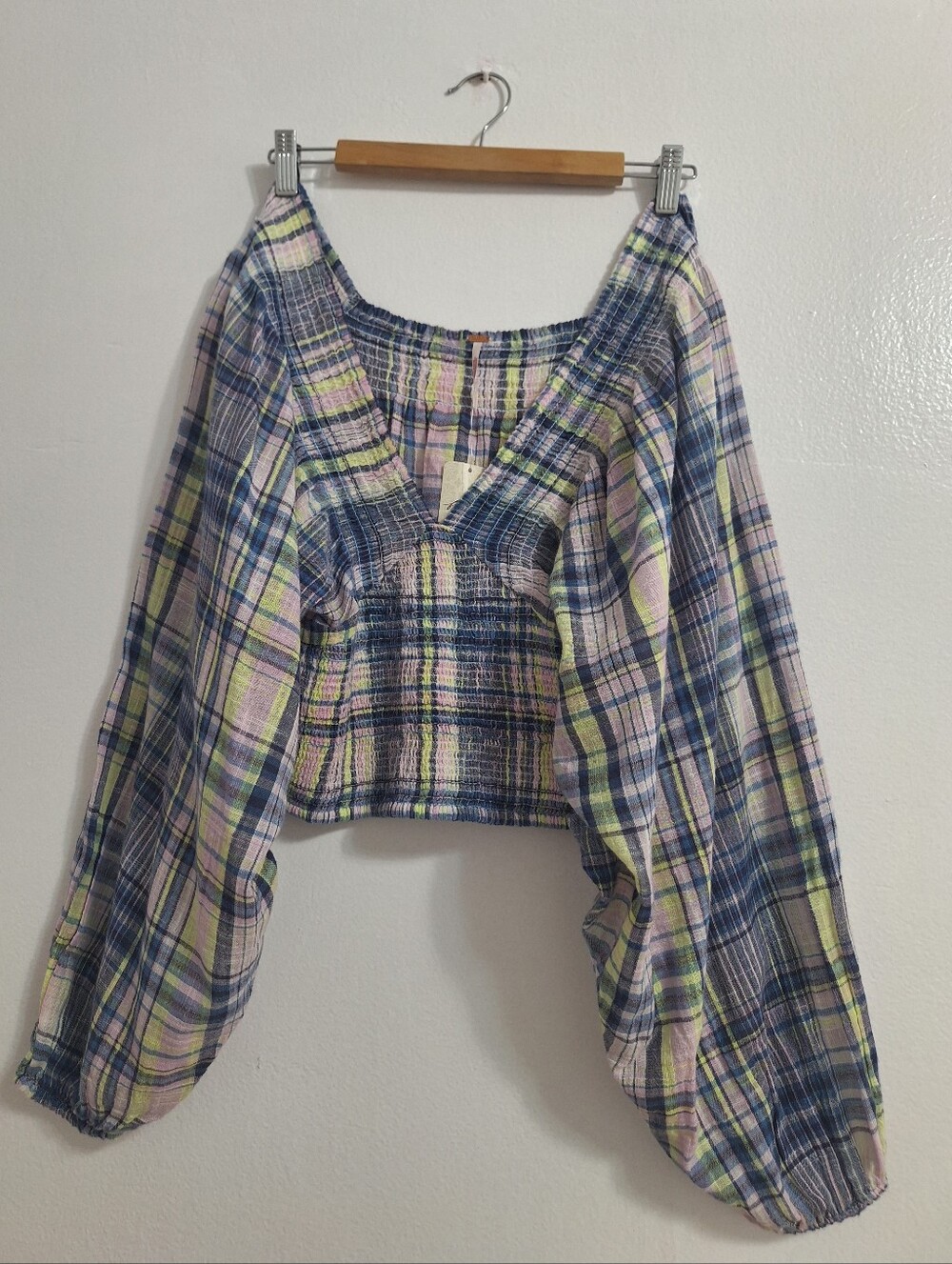 NWT Free People Plaid Smocked Crop Top in Blue, Pink & Yellow
